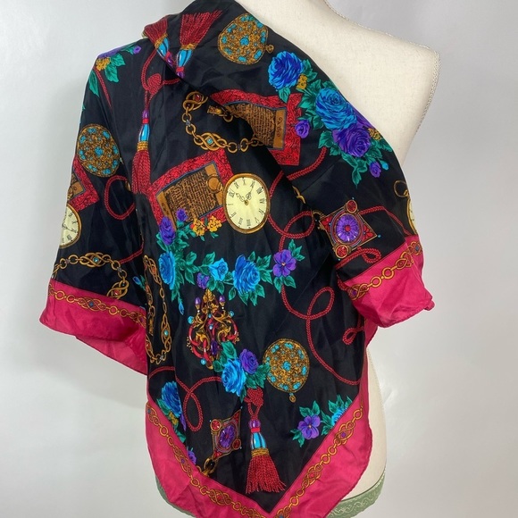 Vintage J.G.HOOK SILK Square Scarf 31”Red Colorful Floral W Chains… - Picture 9 of 13